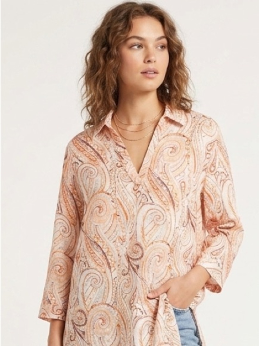 Rachel Zoe Linen Tunic Shirt Peach and Cream Paisley All Over Print Boho Size 1X